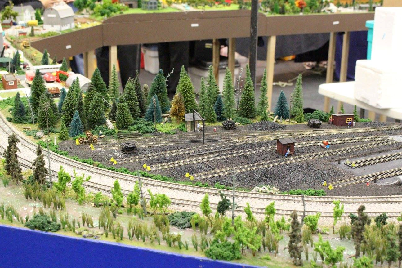 Model train yard with tracks, trees, and miniature structures at the Pine Ridge Model Railroaders Club display.